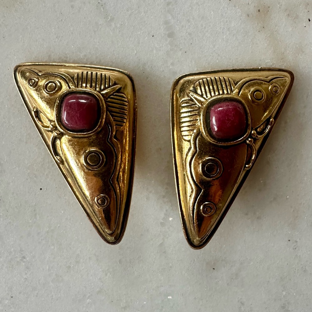 Vintage Earrings 1980s | large gold tone and jewel clip on earrings